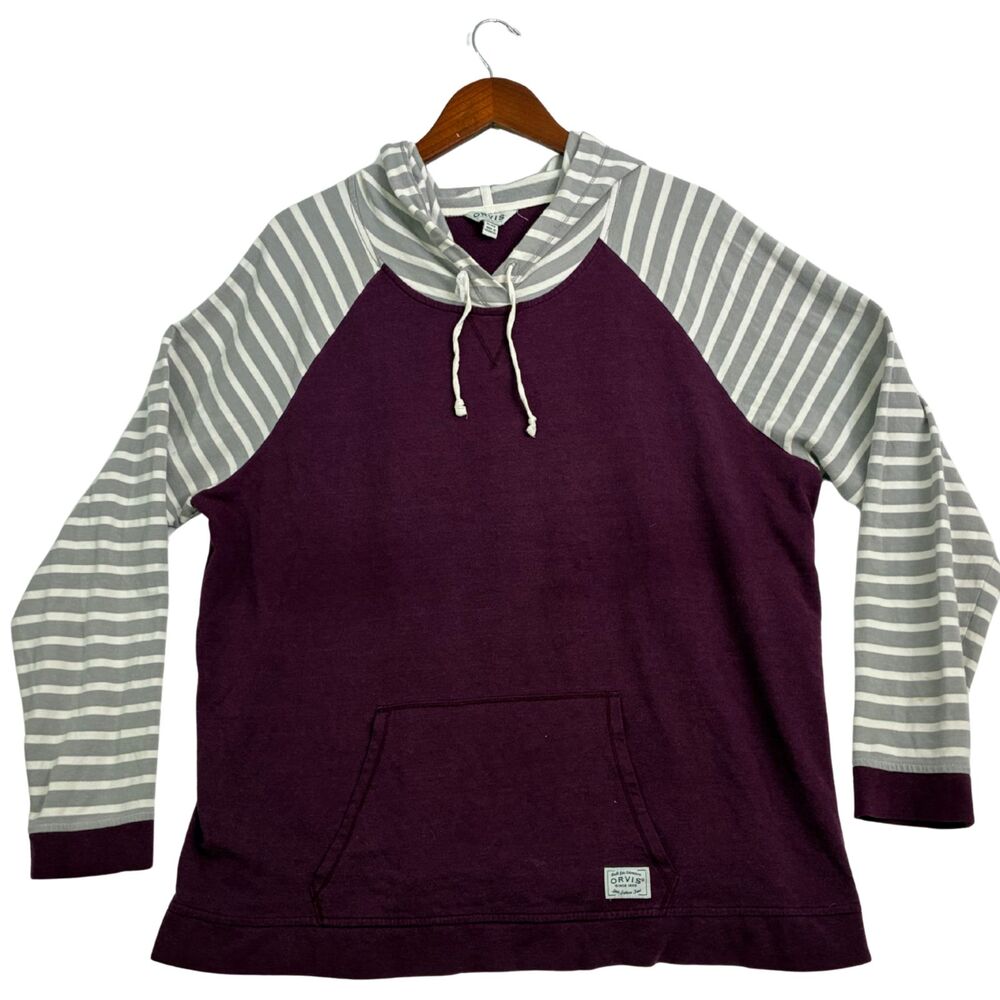 Orvis Womens XL Purple Gray Stripe Raglan Hoodie Pullover Cotton Blend Casual